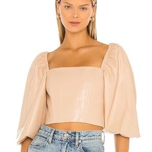 Alice + Olivia Bronte Vegan Leather Blouson Sleeve Crop Top in Almond